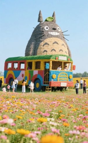 Colorful Floral Field with Giant Panda Straw Installation – Outdoor Event & Park Decoration-vlefooena