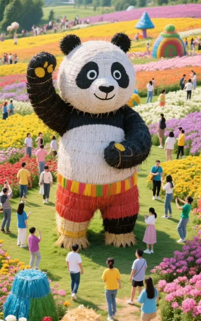 Colorful Floral Field with Giant Panda Straw Installation – Outdoor Event & Park Decoration-vlefooena